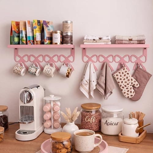 ElaraBerry 2 Pcs Pink Bow Coffee Mug Rack Pink Coffee Bar Accessories Wall Mounted with 4 Hooks 16.8in x 4.8in Shelf Metal Hooks Kawaii Coquette Preppy Style Decor Kitchen Bar thumbnail 4