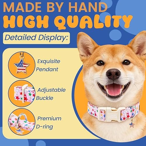 Elegant Little Tail 4th of July Dog Collar with Pendant, Patriotic Pink Stars Patriot Pattern Cotton, Sturdy Quick-Release Plastic Buckle, Girl Adjustable Pet Collar for Medium Dogs thumbnail 2