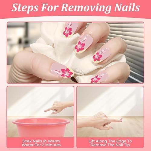 96 PCS False Nails, Waterproof Durable Press on Nails for Kids, Flower Fake Nail Stickers, Self Adhesive Nail Art Kit for Parties, Halloween, Daily Wear thumbnail 5