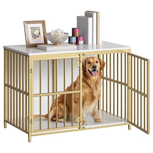 HOOBRO 38.6" Dog Crate Furniture, Wooden Dog Kennel Indoor, Heavy Duty Dog Cage for Small/Medium Dog, Decorative Side End Table, White and Gold DW100GW03 - Image 1