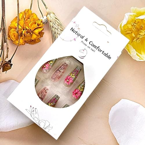 TBRZTR Flower Press on Nails Long Length Full Cover Glossy Green Stick on Nail Floral Pearl Design Ballet Shaped Gradient False Nails Reusable Artifical Acrylic Press Ons Glue on Nail for Women 24Pcs thumbnail 5