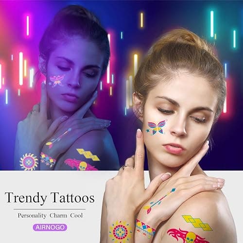Temporary Tattoos 170 PCS Glow in The Dark Tattoos that React to Neon UV Black Light, Tattoos for Kids Teens and Adult, Neon Glow Party Decorations, Glow in The Dark Party Supplies, Glow Party Favors - A-Blacklight Neon UV Tattoos thumbnail 4