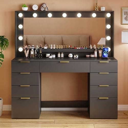 ALEXNUTRE Vanity Desk with Large Mirror and Lights, 45.3in Makeup Vanity with Power Outlet 9 Drawers & Storage, 3 Lighting Color Adjustable, Black thumbnail 7