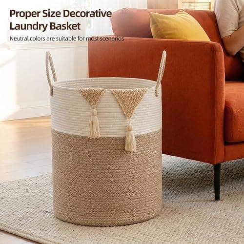 OIAHOMY Large Laundry Basket Hamper - 60L Cotton Rope Woven Basket for Blankets, Toys, Clothes - Tall Decorative Nursery Hamper with Long Handles, Brown/White thumbnail 4