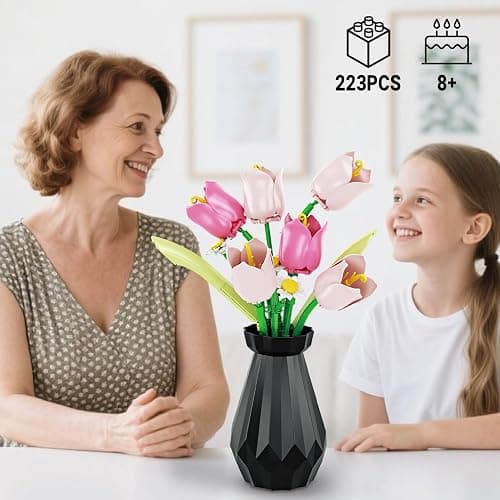 Flower Bouquet Building Sets, Tulips Botanical Collection, DIY Artificial Flower with vase for Adults Women Girl Kids, Pink Chrismas Home Decor Gifts for Mother's Day, Birthday, Easter(223 pcs) thumbnail 6