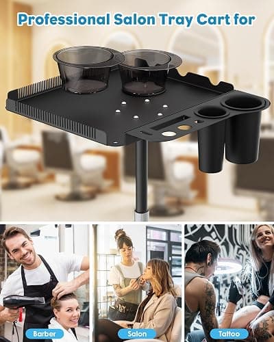 Salon Tray on Wheels,Metal Tray Rolling Cart with 2 Magnetic Bowls,Tattoo Tray, Salon Station with Hairstylist Holder and Hair Separator Stand,Multi-Function Adjustable with Wheels thumbnail 8