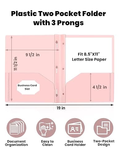 SUNEE 3-Prong Plastic Folders with Pockets (6 Pack, Pastel Colors) 2 Pocket Folders with Fasteners, Tear-Resistant Plastic Pockets, and Fit Letter Size Paper, Use for School Office Home Business thumbnail 3