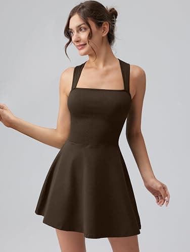 OQQ Women's Square Neck A-line Dress Sleeveless Tank Top Stretch Flare Mini Dresses - Darkbrown - Small thumbnail 3