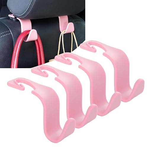 Amooca Car Seat Headrest Hook 4 Pack Hanger Storage Organizer Universal for Handbag Purse Coat Universal fit Vehicle Car Pink with Clip - Image 1