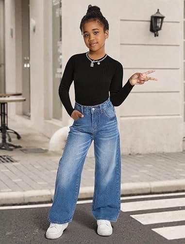 Fulihug Jeans for Girls Baggy Wide Leg Cute Bow High Elastic Waisted Denim Pants Y2K Boyfriend Skater Streetwear 7-14Y thumbnail 4