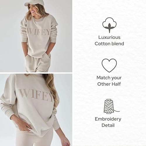 Six Stories | Oversized Wifey Statement Sweatshirt for Newlywed Bride | Soft & Cozy Embroidered Champagne Crewneck Sweater thumbnail 5