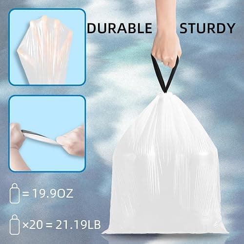 120 Counts 1.6 Gallon Mini Drawstring Trash Bags, Small Garbage Bags by KSSKSS, Code a fit 4.5-8 Liter, 1.2-2 Gal, White Trash Bin Liners for Home Office Kitchen Bathroom Bedroom thumbnail 6