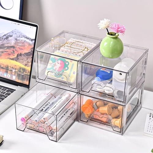 Stebopum 6 Pack Stackable Makeup Organizer, 4.4'' Tall Acrylic Bathroom Makeup Organizer and Storage Drawer with Pull-out Handle, Clear Plastic Storage Bins for Vanity,Pantry,Desk,Undersink,Kitchen thumbnail 6