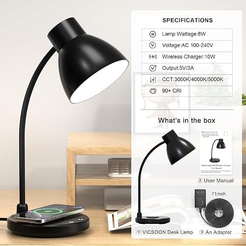 Vicsoon Desk Lamps for Home Office - LED Desk Lamp with Wireless Charger, 3 Color Modes Dimmable Eye-Caring Study Reading Desk Light, Small Flexible Arm Table Lamp for College Dorm Room Bedside, Black thumbnail 9