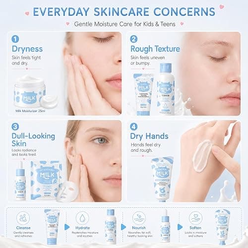 Milk Skin Care Set for Kids & Teens, 12 IN 1 Moisturizing Milk Skincare for Girls 10-12, Skincare for Kids Age 8-12, Birthday Gifts for Teen Girls, Face Care Kit, Korean Skin Care,12PCS thumbnail 7