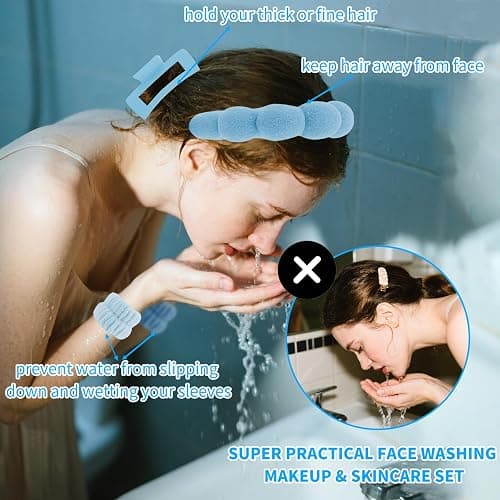 Canitor Spa Headband Wrist Bands Hair Clips Set Skincare Makeup Self Skin Care for Women Washing Face College Grandkids Clean Girl Gifts Cute Trendy Stuff Aesthetic Things Blue Stocking Stuffers thumbnail 2