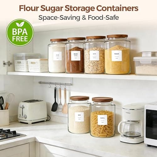 ComSaf Flour Storage Containers with Acacia Wood Lids 1Gallon 2Pack | 4.2Qt Large Glass Jar, for Cooks, Flour Cereal Rice Oats, Kitchen Pantry, 4.4in Wide Mouth, Canister with Scoops & Labels thumbnail 5