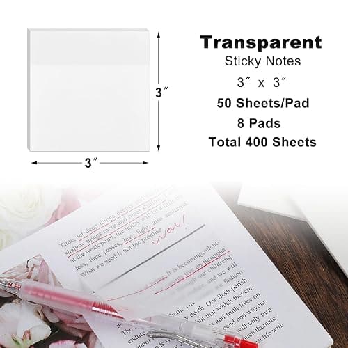 400 Sheets Transparent Sticky Notes, 3x3 inch 8 Pads Clear Sticky Notes, Self-Stick Translucent See Through Post Note Pads for Books Annotation thumbnail 2
