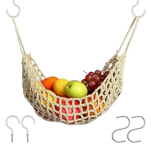 Fruit Hammock for Kitchen Under Cabinet,Large Macrame Fruit Hammock for Kitchen Décor,Storage That Saves Counter For More Counter Space at Home, Boat, or Rv,with 4 Hooks.(nature) thumbnail 9