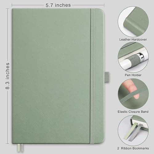 RETTACY Dotted Journal Notebook, 192 Pages, A5 Medium Size (5.7'' x 8.3'') | Leather Hardcover, 100 GSM Thick Paper, for Journaling, Planning, Tracking (Sage Green) thumbnail 2