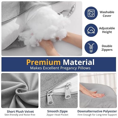 SASTTIE Pregnancy Pillow for Sleeping, U Shaped Body Pillow Side Sleeper Pregnancy Must Haves, Maternity Pillow for Pregnant Women, 57'' Full Pregnant Pillow with Removable Velvet Cover, Grey thumbnail 6
