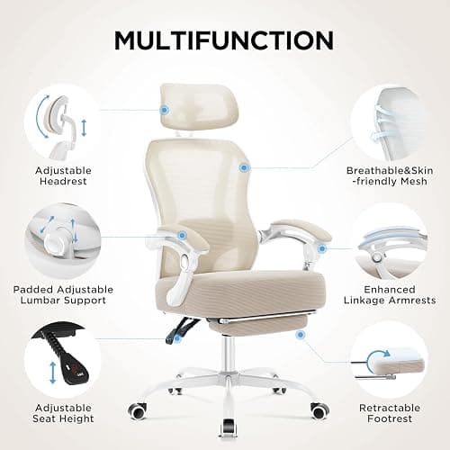 Ergonomic Office Chair with Footrest,Ultra Thick Reclining Desk Chair with Adjustable 2D Lumbar Support and Headrest,Spring Cushion,High Back Premium Mesh Computer Chair,Cream thumbnail 5