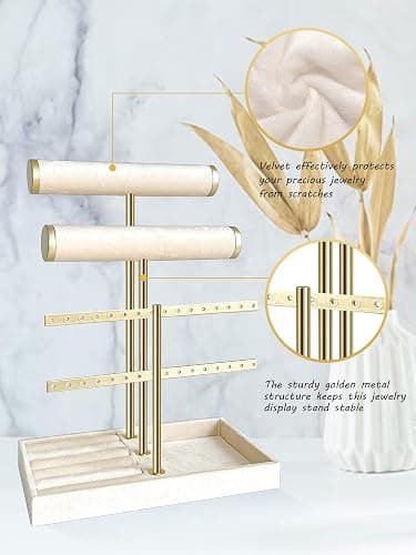 sousac 3 Tier Jewelry Organizer Stand with Detachable Ring Tray, Multi-functional necklace Holder for Bracelet, Earring, Elegant Closet Decor Gift for Women (White) thumbnail 5