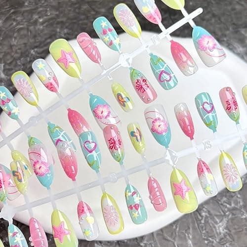 30Pcs Summer Press on Nails Almond Fake Nails Colorful Shell Starfish Flower Butterfly Heart Design Summer Beach Glue on Nails 3D Pearl Floral Acrylic Nails Press ons False Nails for Women thumbnail 4