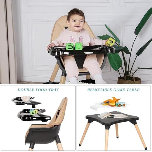 6 in 1 High Chair for Babies & Toddlers, Convertible Wooden Baby Highchair, Table and Chair Set, Baby Feeding Chair, 5-Point Adjustable Harness/4-Position Removable Tray& PU Seat Cushion (Black) thumbnail 6