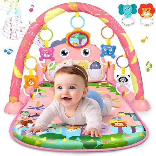 UMIKU Baby Play Mat Baby Tummy Time Mat Activity Center for Newborn Infant Piano Play Gym Mat Music & Light Babies Gifts Boy Girl for Babies 0-6 6-12 Months, Pink Dinosaur - Image 1