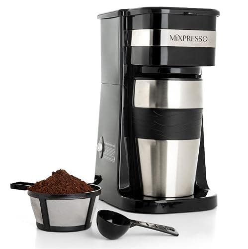 Mixpresso Black Personal Single Serve Coffee Maker with 14oz Travel Mug, Drip Small Coffee Maker with Auto Shut Off, Reusable Filter, Works with Ground Coffee Only – Not for K-Cup Pods - Image 1
