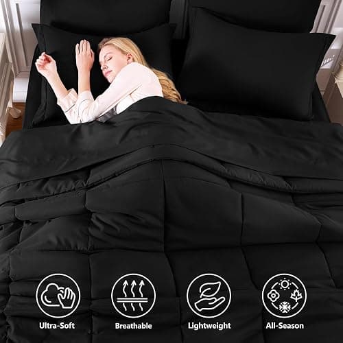 CozyLux Full Size Comforter Set Black - 7 Pieces Bed in a Bag Full, Oeko-Tex Certified Bed Set, All Season Soft Bedding Set with Down Alternative Comforter, Sheets, Pillowcases & Shams thumbnail 2