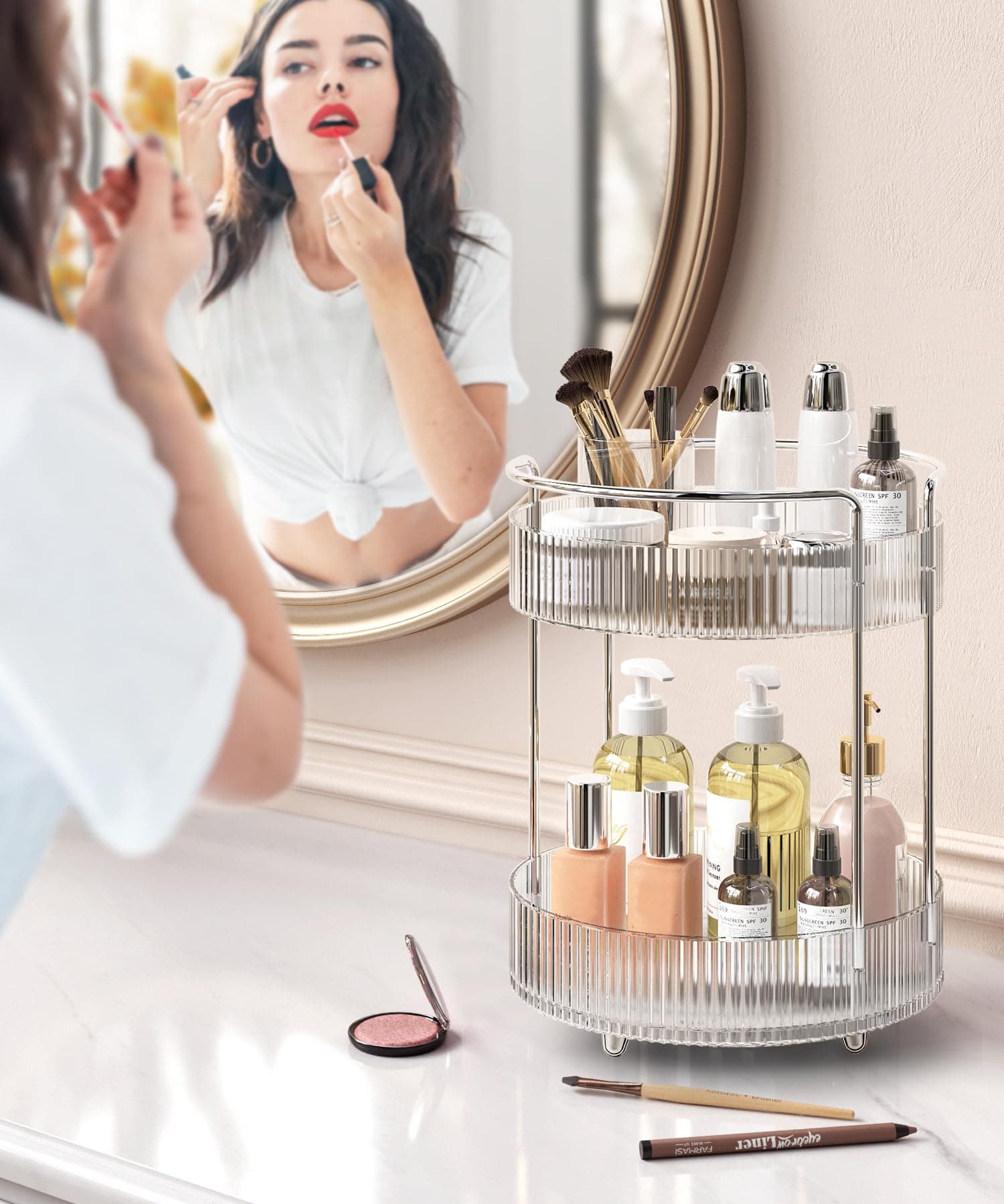360° Rotating Makeup Organizer for Vanity, 2 Tier Skincare Perfume Organizers and Storage for Bathroom Countertop, Clear Make up Brush Holder Lazy Susan for Counter (Transparent, 2 Tier) - 9.4" x 9.4" x 15.7" thumbnail 2