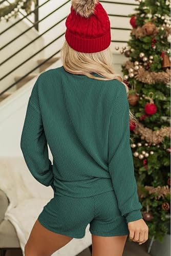 Opemiby Womens 2 Piece Pajama Sets Ribbed Matching Lounge Short Set Outfit | 2026 Long Sleeve Top and Shorts Pjs Loose Loungewear with Pockets Fall Winter Vacation Outfits thumbnail 5