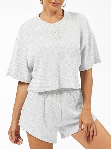 AnotherChill Women's Cropped Waffle Knit Lounge Set – Short Sleeve Henley Top and High Waisted Shorts 2 Piece Casual Outfit thumbnail 2