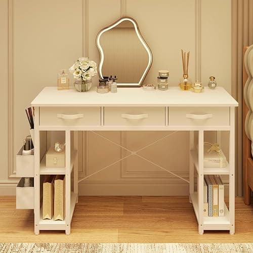 oneinmil White Vanity Desk, Computer and Study Desk with Fabric Drawers & Side Storage Bag, no Mirror. Makeup Vanity Table, Home Office Desk, Modern Writing Desk, 48"x16". - Image 1