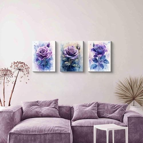 NAN Wind 3PCS Purple Rose Watercolor Canvas Wall Art Floral Botanical Violet Flower Bloom Romantic Modern Home Decor for Bedroom Living Room Bathroom or Office Artistic Garden Style Wall Decoration thumbnail 6