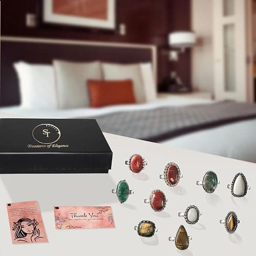 SAJTOX Handcrafted 10 Pcs Stackable Silver Plated Gemstone Rings for Women (US 5 to 12 Size) Vintage Boho Chunky Finger Statement Rings Set Birthday Gift for Women (Classy, Aesthetic & Comfortable) thumbnail 4
