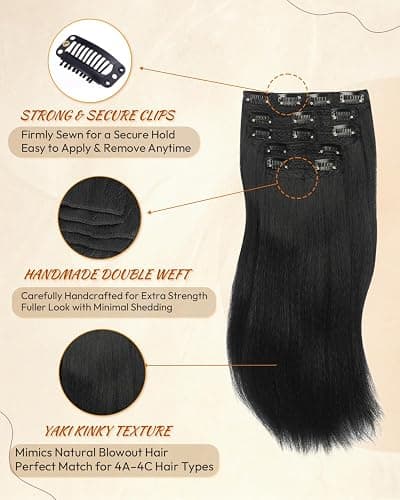 SIDAILA 5PCS Yaki Straight Clip in Hair Extensions 14 Inch Natural Black 1B | Handmade Double Weft Clip Ins for Black Women, Soft Yaki Texture, Full Volume, Lightweight & Easy Blend thumbnail 3