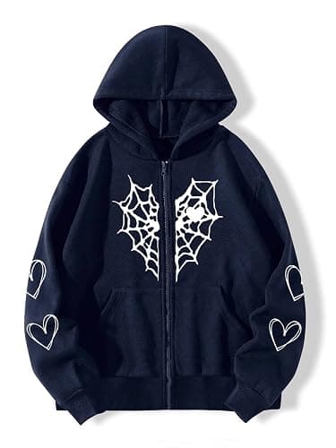 Y2K Gothic Spider Web Heart-shaped Print Hoodied Pullover Punk Zip Up Jacket Coat Harajuku Loose Oversized Streetwear thumbnail 5