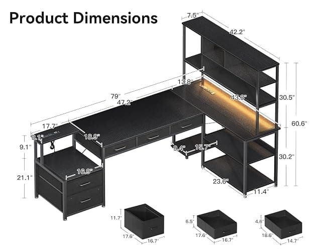 AODK 79 inch L Shaped Desk with 5 Drawers, Reversible L Shaped Gaming Desk with LED Light & 2 Power Outlets, Computer Desk with Storage Shelves for Home Office, Black - Black - 79 inch thumbnail 2