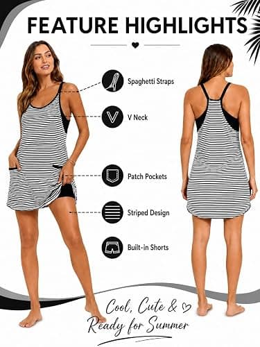 Women's Summer Striped Athletic Dress with Built-in Shorts Front Pockets thumbnail 2