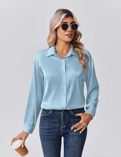 Zeagoo Womens Tops Long Sleeve Satin Silk Button Down Shirts Casual Business Dressy Blouses Fall Clothes thumbnail 2