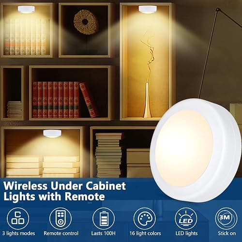Yiliaw 6 Pack LED Puck Lights Remote Control 16 Color Changeable Under Cabinet Lights, Battery Operated Lights Night Light with Dimmer & Timmer for Closet Bedroom Kitchen, White thumbnail 2