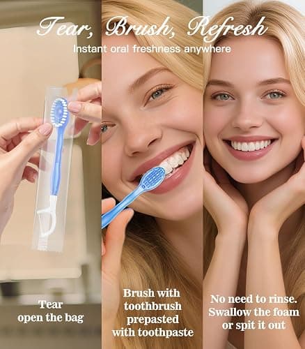Litlcutie 48 Pack 5 in 1 Disposable Mini Toothbrush Travel Set Mint Flavor | Individually Wrapped, Built-in Toothpaste, Floss, Tooth Pick, Tongue Scraper, Portable for Kids Adults thumbnail 2