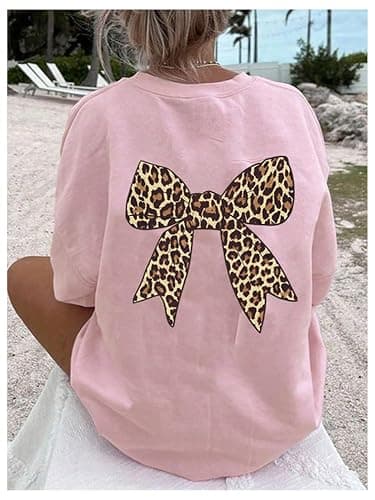RoseSeek Girl's Bow Leopard Graphic Tees Short Sleeve Preppy Summer T Shirt Aesthetic Baggy Tops thumbnail 3