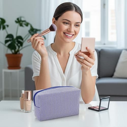 Sanwuta 6 Pcs Seersucker Cosmetic Bags Bulk Seersucker Makeup Bags Stripe Women Pouch Large Preppy Storage Pouch Toiletry Travel for Wedding Bridesmaid Bride Favor Back to Teacher Gift (Navy Blue) thumbnail 2