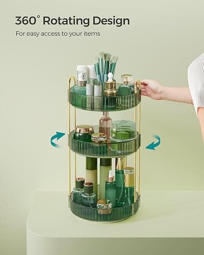SONGMICS Makeup Organiser Rotating, 3-Tier Round Skincare Organiser, Customisable, Toiletries Cosmetics Organiser, Gift, Pale Green JKA011C01 thumbnail 4