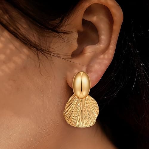 FILMOON Gold Plated Earrings Dangle Chunky Fan-shaped Earrings Shell Earring for Women Two-Tone Fashion Statement Jewelry thumbnail 4