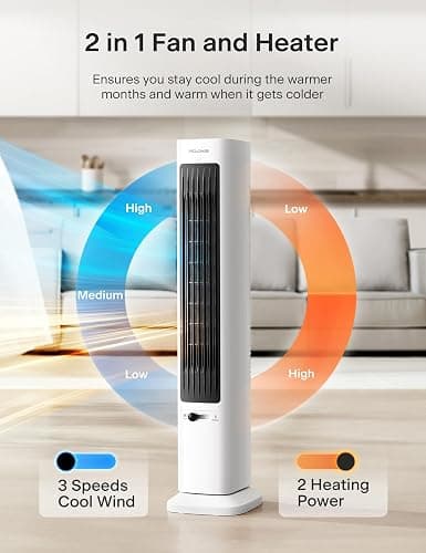 PELONIS Oscillating Tower Fan and Heater Combo with Remote Control - Heater Fan Combo for Indoor Use – 3 Fan and 2Heater Speeds, 12-HR Timer, ECO Mode, Tip Over and Overheat Protection, White thumbnail 2